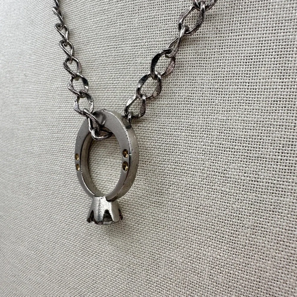 Vintage 90s Clear Rhinestone Ring Pendant Necklace‎ Silver Tone Curb Chain